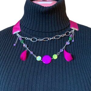 CREATION -Short necklace double layers with ribbon attach Vibrant Pink & Green